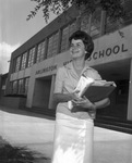 Citizen-Journal's September Girl of the Month, Judy Dotson, senior, in front of Arlington High School, Arlington, Texas