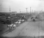 Team of six horses pulling a circus wagon near stacks of lumber, Breckenridge, Texas by Basil Clemons 1887-1964