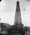 Triangle Block Oil Syndicate with large oil derrick in background, near Breckenridge, Texas by Basil Clemons 1887-1964