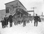 People in snow with rack of animal pelts and hides, Breckenridge, Texas, 1926 by Basil Clemons 1887-1964