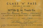 Emerson Emory's Class "A" Pass for Enlisted Men of 3677th Q. M. Truck Co.