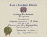 Emerson Emory's Sons of Confederate Veterans Certificate of Life Membership