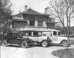 Three cars/hearses in driveway of Gause-Ware Funeral Home, 1251 Pennsylvania Avenue, Fort Worth, Texas