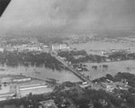 Aerial view of the 1949 flood showing the 7th Street bridge and the Montgomery Ward building, Fort Worth, Texas