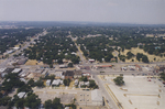 Aerial photograph of a town and parking lot