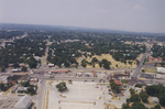 Aerial photograph of a town and parking lot