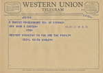 Telegram from Cecil Keith Easley to Minnie Meacham Carter by Cecil Keith Easley