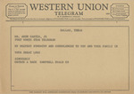 Telegram from George A. Back to Amon G. Carter, Jr. by George A. Back