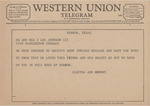 Telegram from Electra and Johnny to J. Lee Johnson, III and Ruth Carter Johnson by Johnny Electra