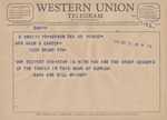 Telegram from Sara and Bill Wright to Minnie Meacham Carter by Sara Wright and Bill Wright