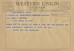 Telegram from Marie and Ted Merseles to Minnie Meacham Carter by Marie Martin Merseles and Ted Merseles