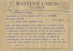 Telegram from C. G. Wellington, on behalf of Mr. and Mrs. Roberts, to Minnie Meacham Carter by C. G. Wellington