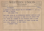 Telegram from S. Herbert Hare to Minnie Meacham Carter