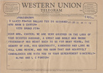 Telegram from Alyne and L. C. Porter to Minnie Meacham Carter by Alyne Porter and L. C. Porter