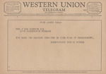 Telegram from Kirkpatrick School Vertee to Ruth Carter Johnson by Kirkpatrick School Vertee