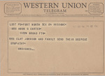 Telegram from Mrs. Clay Johnson and Family to Minnie Meacham Carter by Clay (Mrs.) Johnson