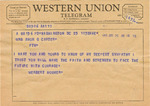 Telegram from former U.S. President Herbert Hoover to Mrs. Amon G. Carter (Minnie Meacham Carter) by Herbert Hoover