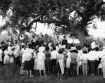 United Farm Worker protestors gathered under a tree listening to speaker