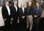 Group picture of University of Texas at Arlington (U. T. A.) President Spaniolo with Bill McKenzie, Michael Ainsworth, Tom Fox, Brad Loper