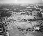 Aerial view of Samuell Grand Park, Samuell Grand Golf Course in Dallas, Texas. Interstate 30 appears on the right side of the photograph. During Davis Cup matches. by Squire Haskins Photography Inc.