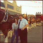 Budweiser team of horses with man and woman standing beside front horse by Squire Haskins Photography Inc.