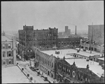 Aerial view of downtown Fort Worth, 7th and Main Streets, Hotel Worth on corner with August's department store on first floor
