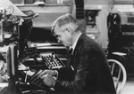Will Rogers at a linotype machine at the Beverly Hills Weekly Citizen