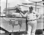 The Texas Steer preparing to depart for Chicago, crew members Commodore Col. B. M. (Basil Muse) Hatfield, Buddy Cashion, J. F. Norris, D. E. Bennett, and W. J. West