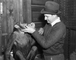 Patsy, Forest Park Zoo chimp, poses with zookeeper Hittson