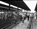 Crowd gathers to say farewell to President Franklin D. Roosevelt at Fort Worth's Texas & Pacific train station