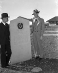Anthony McCauley (left) and R. L. Henderson, president of Jacksboro Lions Club, at Butterfield Stage Line marker