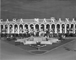 Exterior view of Frontier Fiesta and Casa Manana with fountain, 1937
