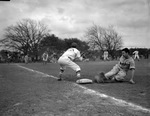 Baseball. Consolidated-Shawhean action. Harrell Hunnicutt, out at first on a double play. Mel Toler of Shawhean, first baseman