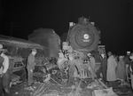 Train Wreck. Scenes of the wreckage after two-Missouri-Kansas-Texas Railway locomotives side swiped at the "cross-over."