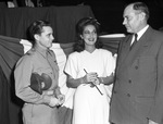 (Left to right) Captain Hewitt T. Wheless of Merard, Texas, actress Dorothy Lamour and Texas Governor Coke Stevenson during a war bond drive