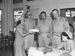 Red Cross Blood Donor Center, Mrs. Ted Samosch, Maj. C. W. Hammond, Maj. J. Y. Kinsall, Maj. J. H. Smelcer, and Mrs. Carl Bruner