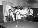 Peninsula Club opening. Pool room, left to right, John Petroff, police department; D. S. Harris, detective; H. V. Hansen, police department; W. Earl Moore, tax department; O. D. "Dutch" Carroll, park department