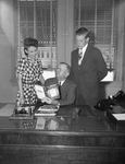 U. S. Constitution Quiz Contest. Superintendent Green shown with students, Miss Fritzie Daniel, Poly senior, and James R. Murphy, senior at North Side