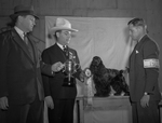 Champion spaniel stands alert while Garland Ellis, left, hands J. C. Watson, the winner's trophy. Standing between them is Dr. Lewis Hart Marks, Paoli, Pennsylvania