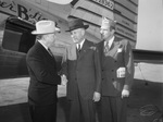Arch Stafford, National President of American War Dads, greeted by Mayor Roscoe Carnrike and Pat Casey