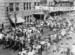 Parade through downtown Fort Worth in front of the Worth Hotel to celebrate the movie premier of "The Westerner"