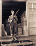 Camp Bowie, Brownwood, Texas, World War II; Private Jack Allison of Company A, 142nd, Camp Bowie, guards Snyder unit's mess hall