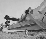 Detached tail of a B36 bomber destroyed by a tornado/microburst that hit Carswell Air Force Base