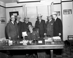 Amon Carter with Burlington Railroad officials. Standing left to right, Robert S. L. Fee, Harry C. Murphy, John M. Budd, L. R. Capron, and W. Wright Armstrong