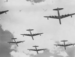 Six B-36 bombers fly in formation marking the end of the plane's production at Fort Worth's Convair plant, Carswell Air Force Base