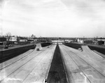 Fort Worth's North-South expressway showing Stella Street pedestrian overpass, looking north