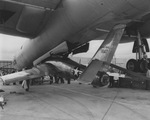 Republic RF-84F "Parasite" reconnaissance jet fighter being loaded into the bomb bay of a Convair RB-36