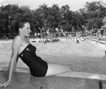 Jo Alice Wolfe beside Meadowbrook Park swimming pool, Arlington, Texas