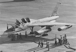 One of the first B-58 Hustler bombers built by Convair taxiing to an engine test pit
