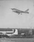 Convair B-58 Hustler during a test flight with landing gear deployed over the Convair factory